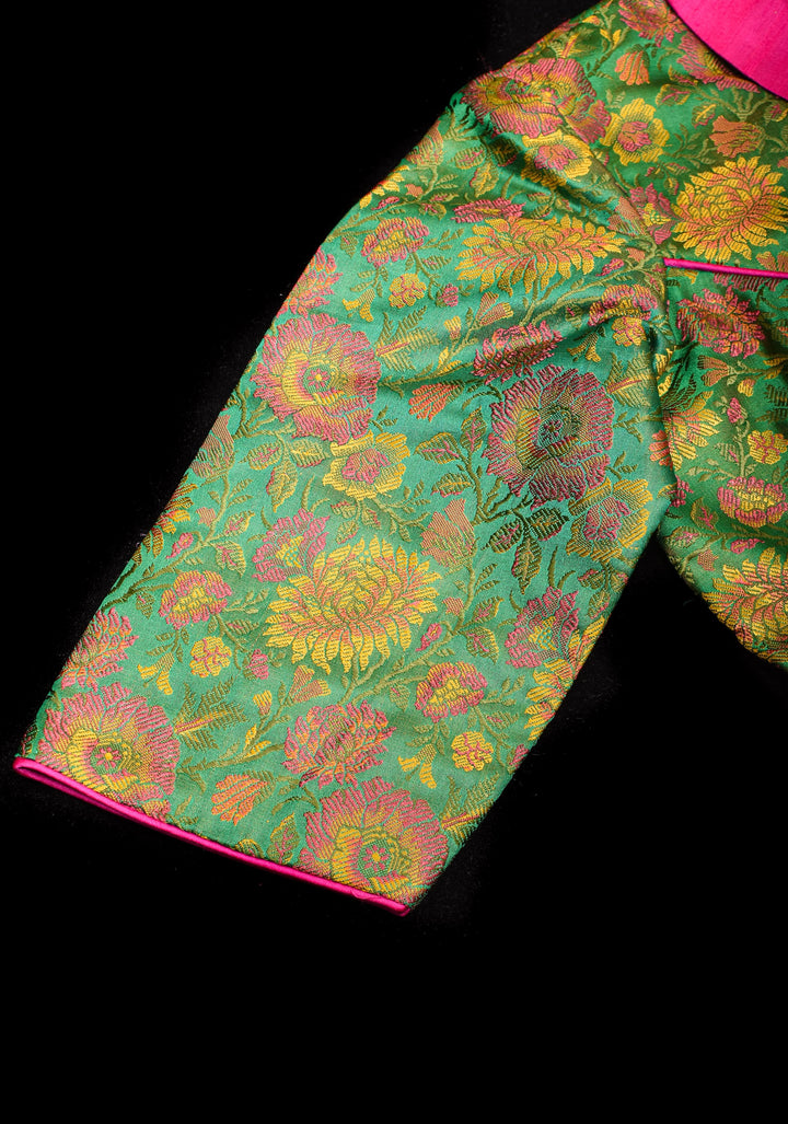 Green Tanchoi with Fuchsia Pure Raw Silk Lapel Collar Blouse for saree