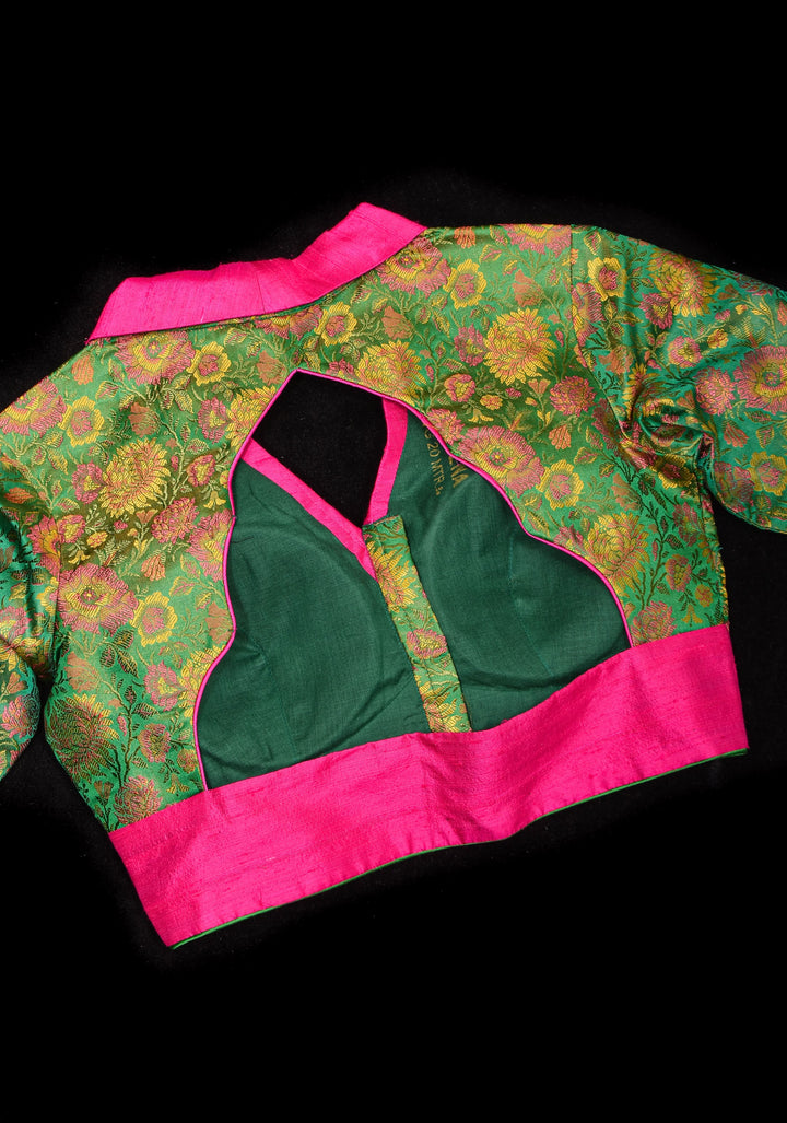 Green Tanchoi with Fuchsia Pure Raw Silk Lapel Collar Blouse for saree