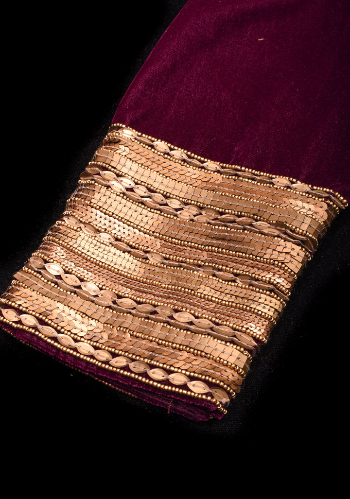 Burgundy Velvet Blouse with 3/4 sleeves and Matt Antique Sequins detailing