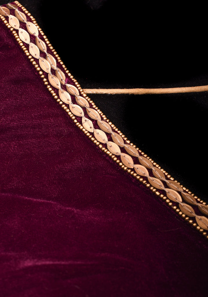 Burgundy Velvet Blouse with 3/4 sleeves and Matt Antique Sequins detailing