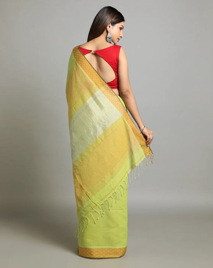 Lime green Golden Jacquard Cotton Saree