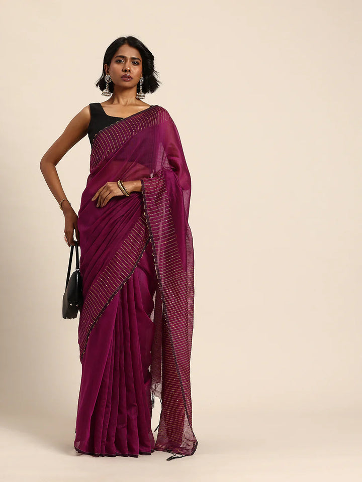 Purple Silk Cotton Sequins Saree with Blouse Piece