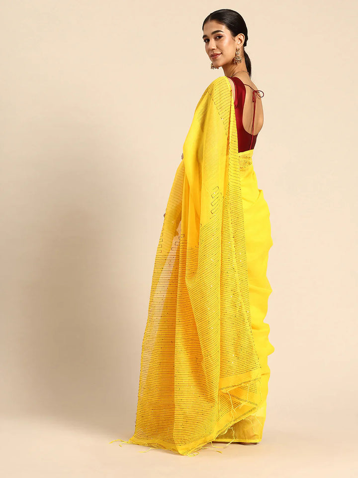 Yellow Silk Cotton Sequins Saree with Blouse Piece
