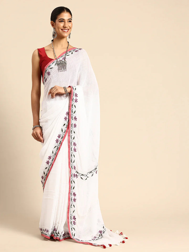 White Linen Kantha Saree with Minimal Border and Blouse piece