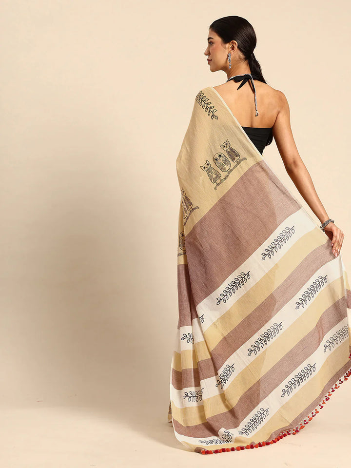 Beige Handloom Owl Print Soft Cotton Saree
