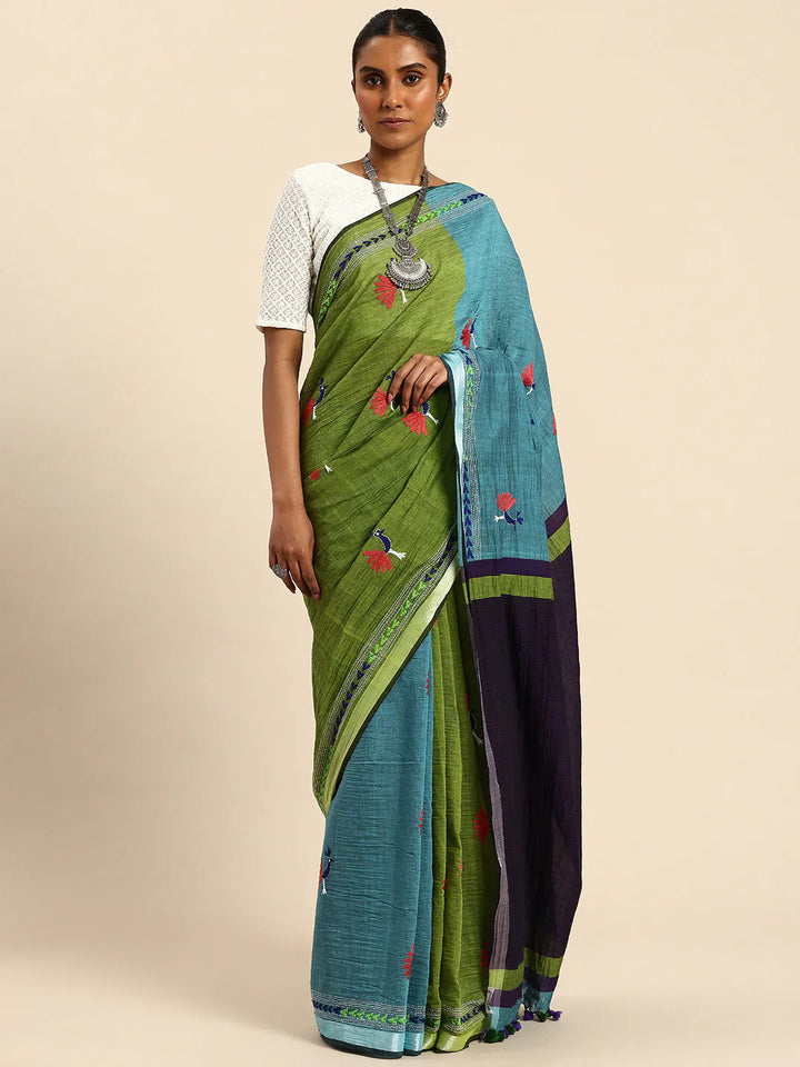 Parrot Green & Blue Colour block Cotton Saree with pompoms