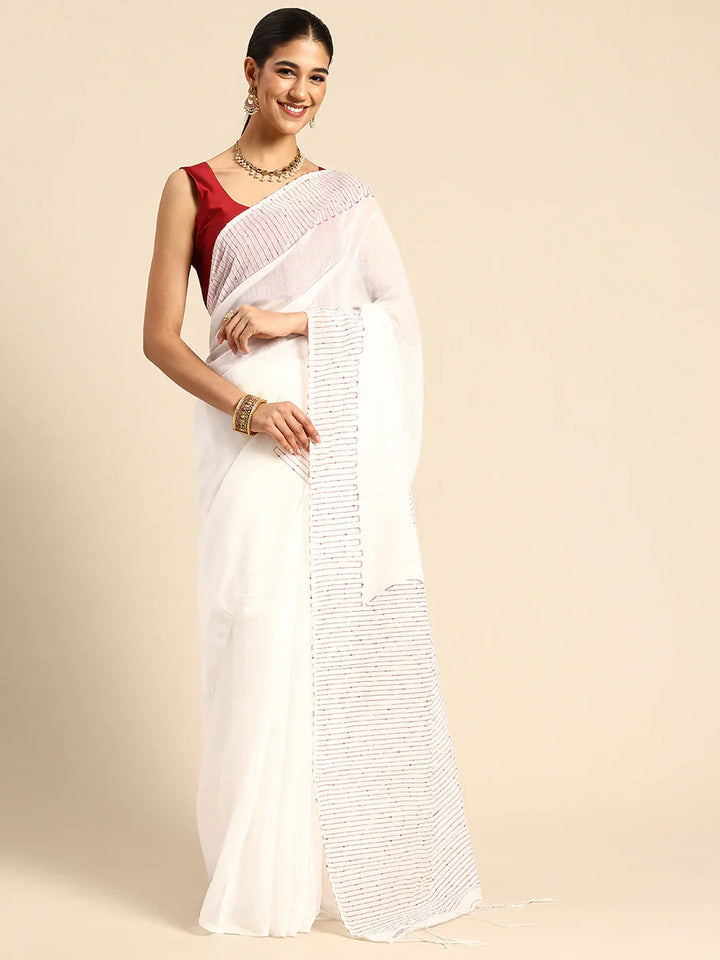 White Silk Cotton Sequins Saree with Blouse Piece