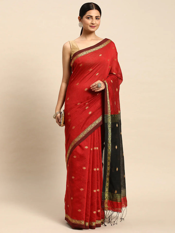 Red Zari Buti Silk Cotton Saree with blouse piece