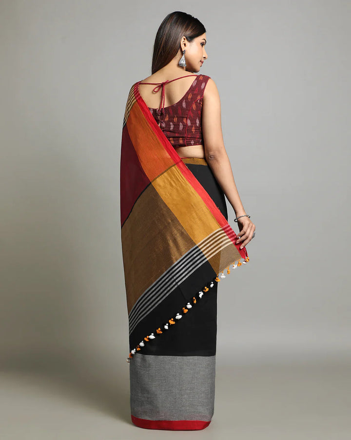 Black-Gray Handloom Colour block Cotton Saree