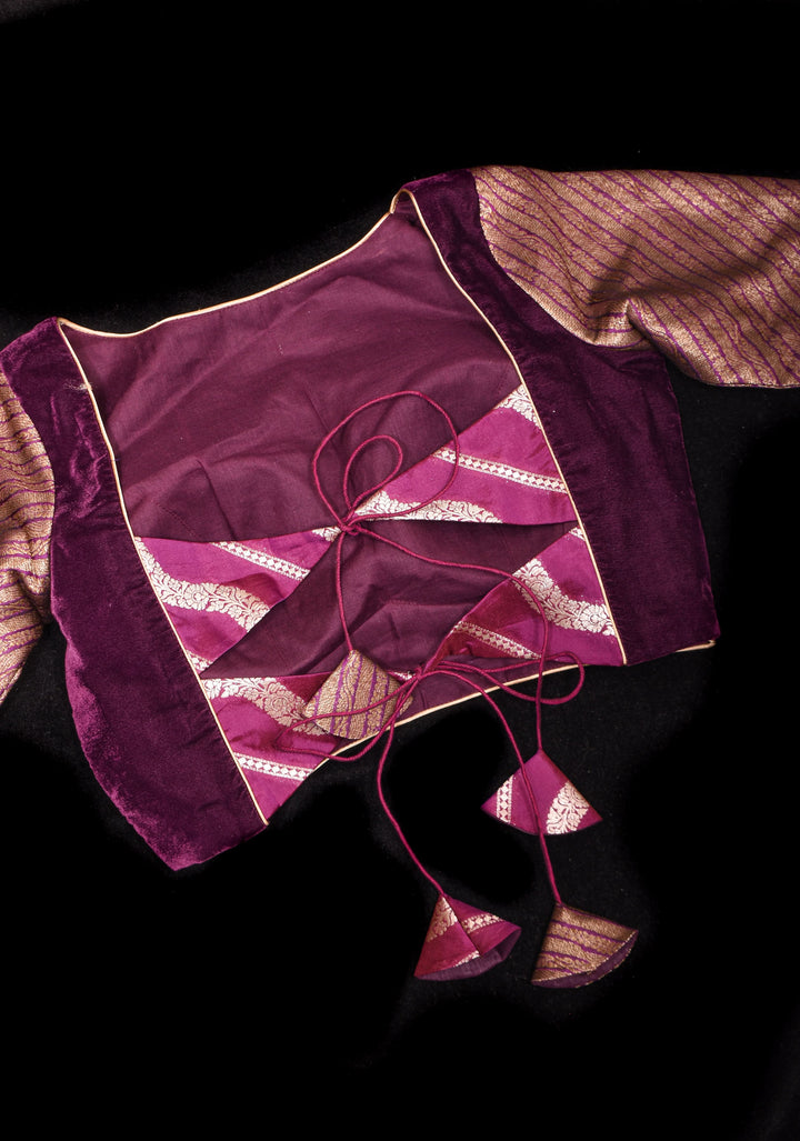 Plum Velvet and  Brocade blouse with  Boat neck and double tie up tassel at the back