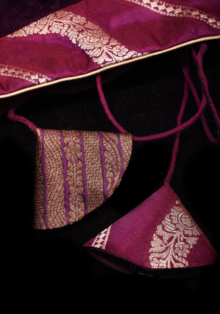 Plum Velvet and  Brocade blouse with  Boat neck and double tie up tassel at the back