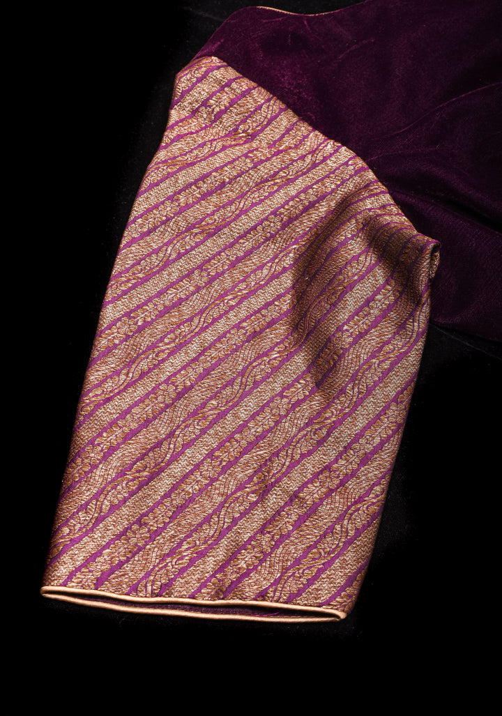 Plum Velvet and  Brocade blouse with  Boat neck and double tie up tassel at the back