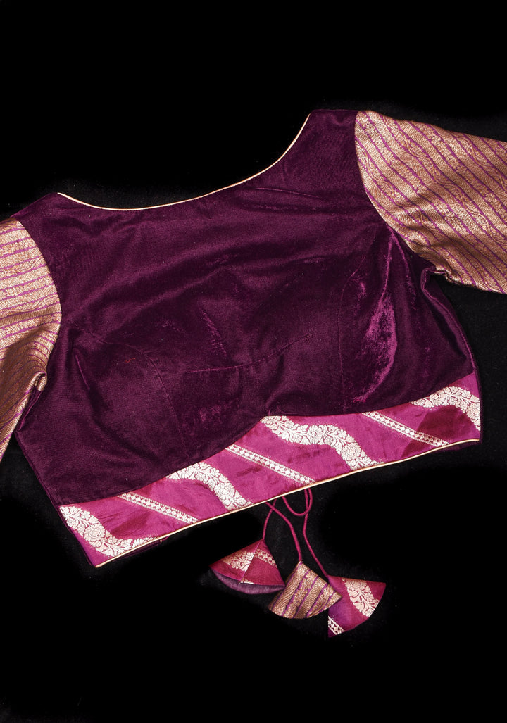 Plum Velvet and  Brocade blouse with  Boat neck and double tie up tassel at the back