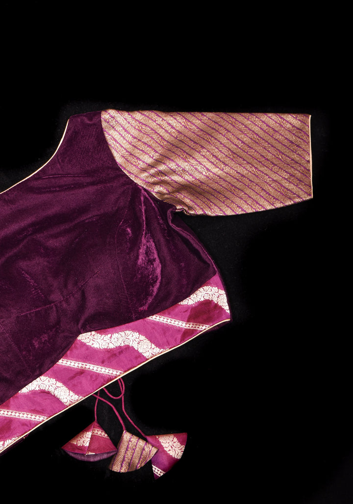 Plum Velvet and  Brocade blouse with  Boat neck and double tie up tassel at the back