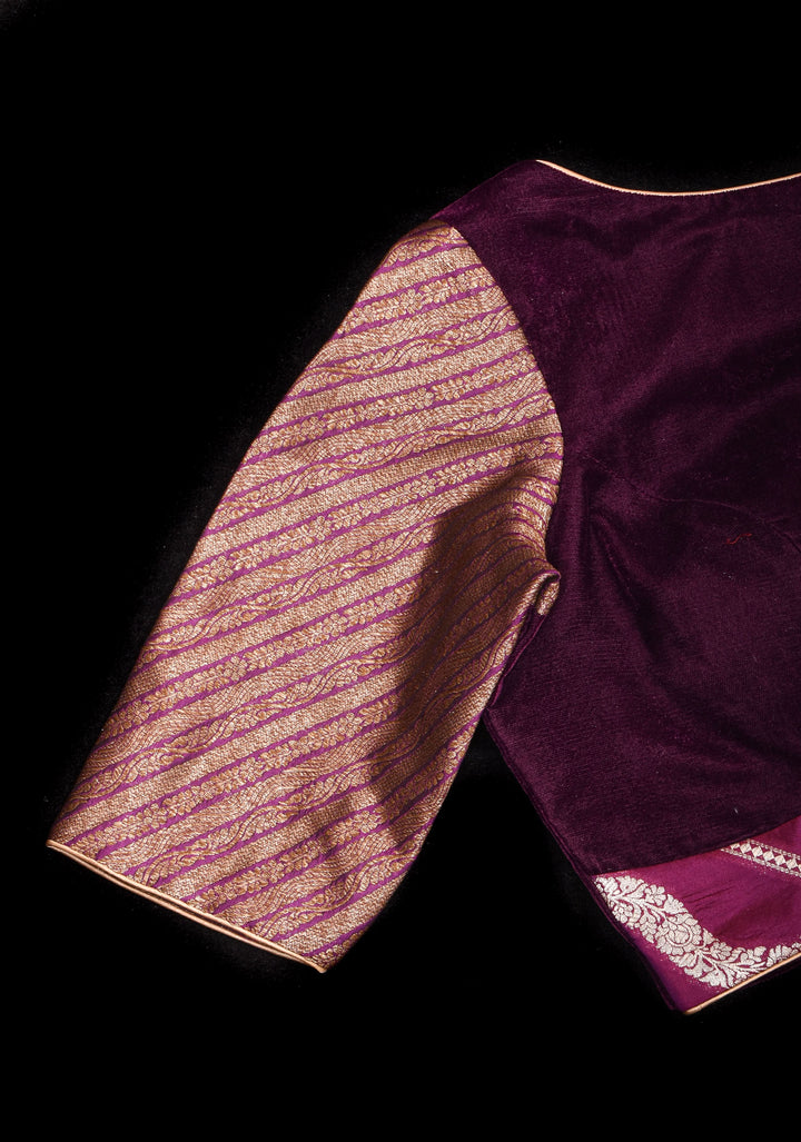 Plum Velvet and  Brocade blouse with  Boat neck and double tie up tassel at the back
