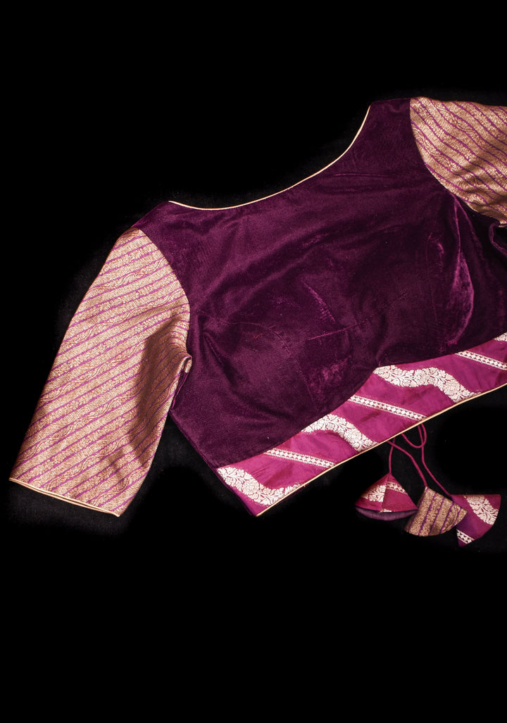 Plum Velvet and  Brocade blouse with  Boat neck and double tie up tassel at the back