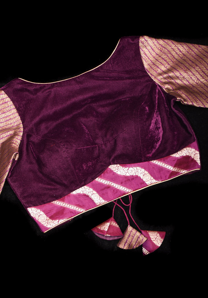 Plum Velvet and  Brocade blouse with  Boat neck and double tie up tassel at the back