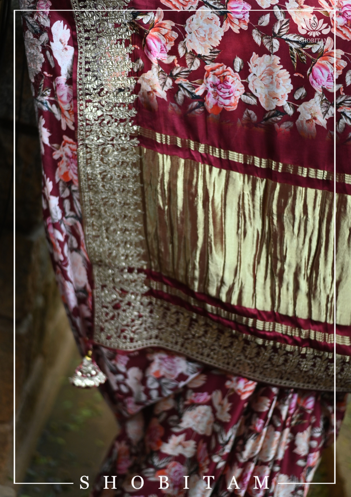 Gajji Silk Saree with Floral Print and Crushed Zari Border in Maroon | Sarees By Shobitam