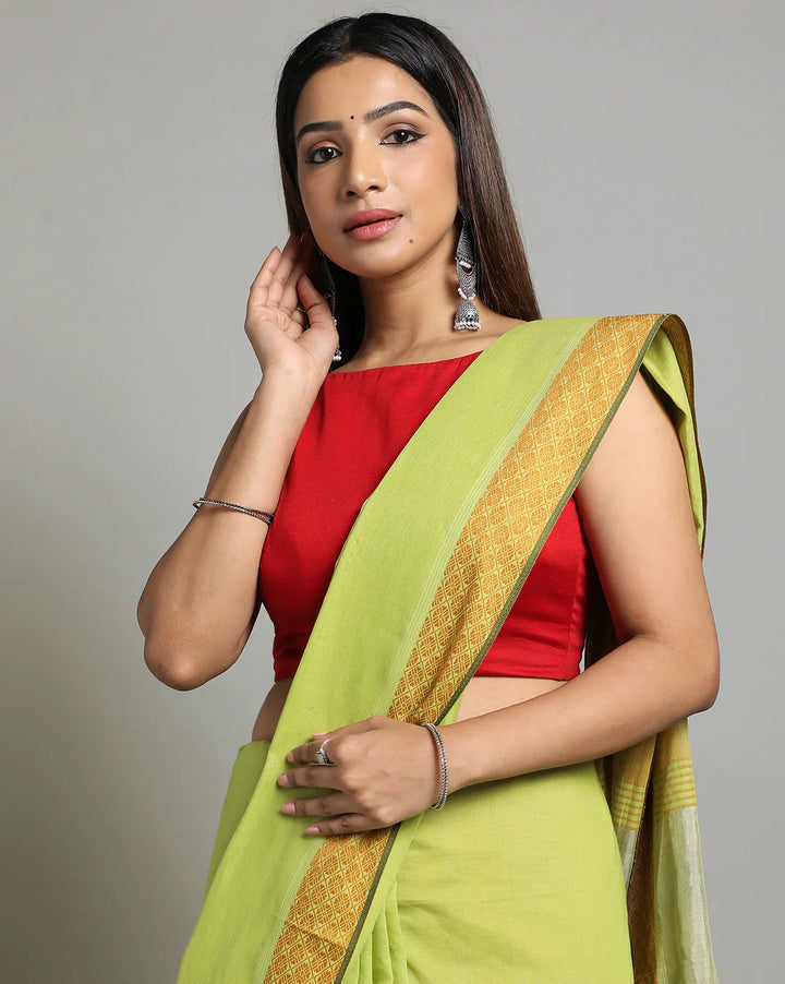 Lime green Golden Jacquard Cotton Saree