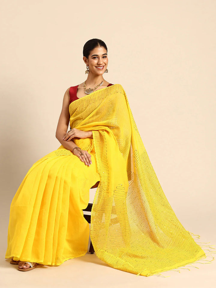 Yellow Silk Cotton Sequins Saree with Blouse Piece