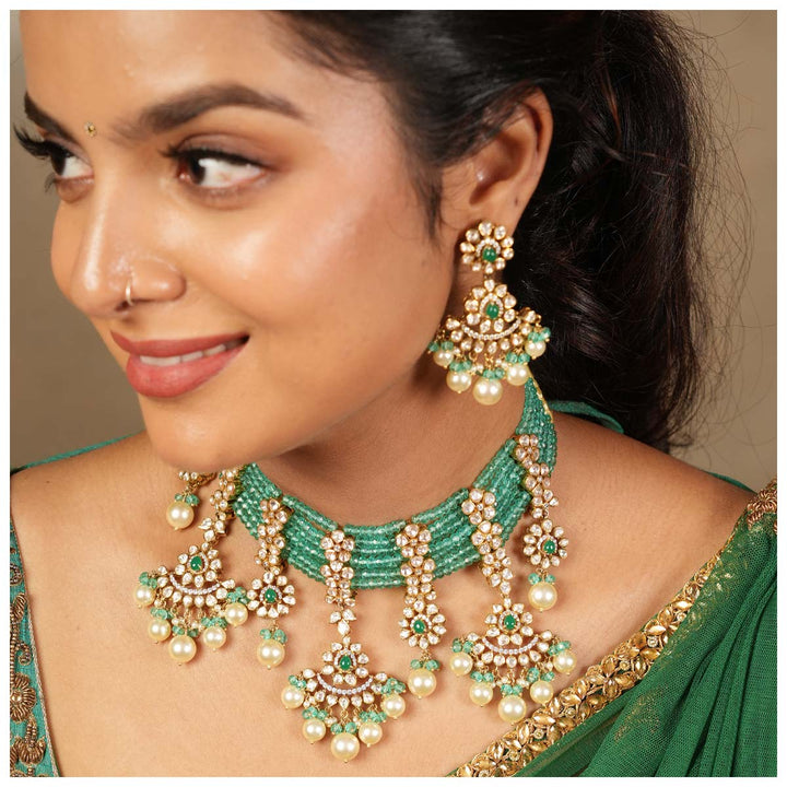 Stunning 92.5 Silver, 24 kt gold-plated stylish Necklace studded with semi-precious stones