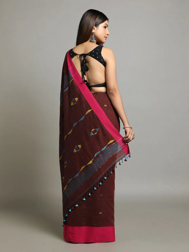 Brown Handloom Jamdani Cotton Saree With Blouse Piece