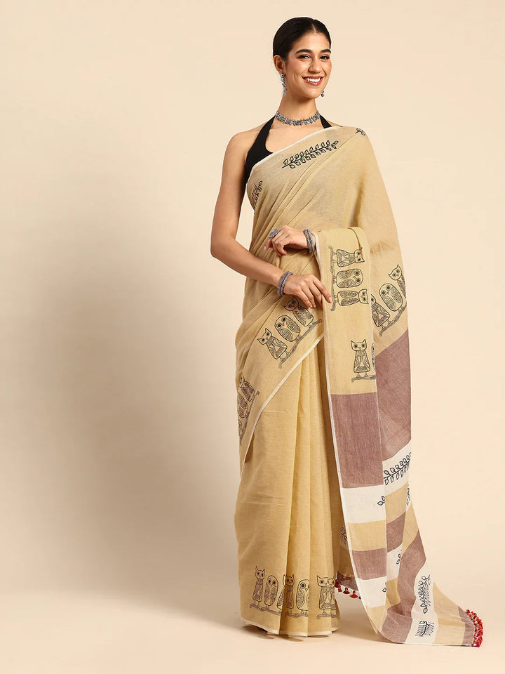 Beige Handloom Owl Print Soft Cotton Saree