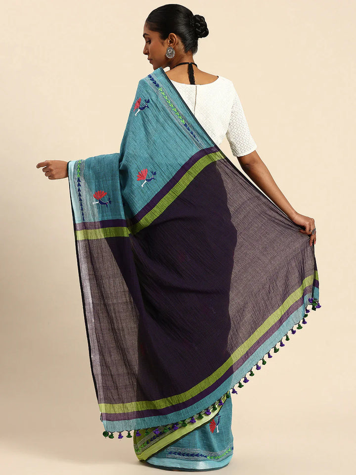 Parrot Green & Blue Colour block Cotton Saree with pompoms