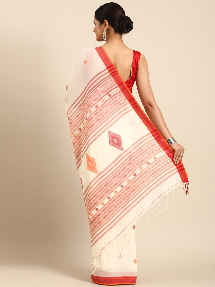 Off White Handwoven Jacquard Weave Pure Cotton saree with Resham Butta and Contrast Minimal Border