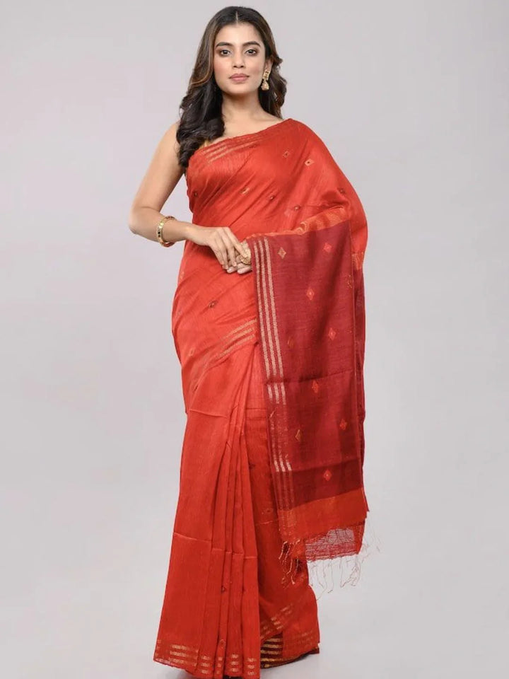 Red Jamdani  Matka Silk Saree with Maroon Pallu