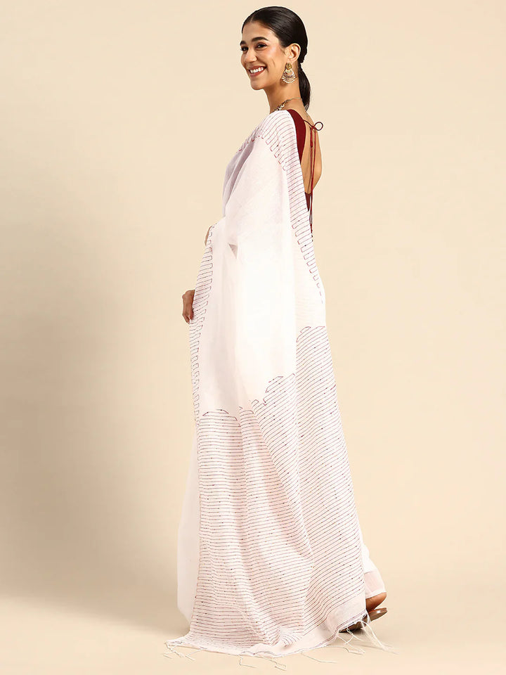 White Silk Cotton Sequins Saree with Blouse Piece