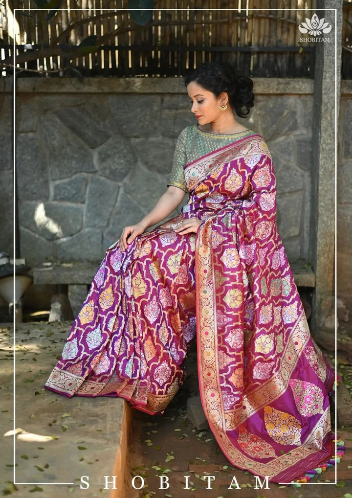 Authentic Kadhuwa Jungla Multi-color Meenakari Jaal Banarasi Silk Saree in Plum with Grand Pallu and Zari  | SILK MARK CERTIFIED