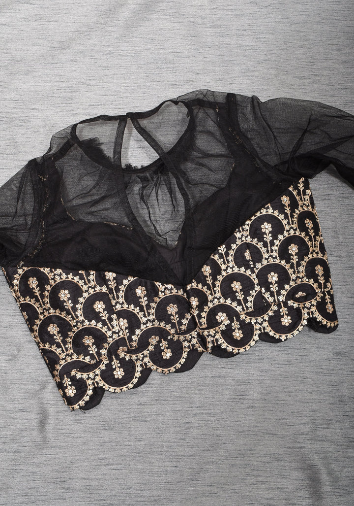 Black embroidered blouse with net gathered yoke and scalloped front base