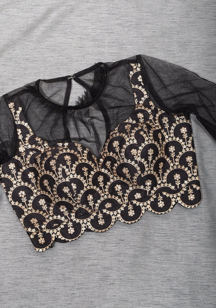 Black embroidered blouse with net gathered yoke and scalloped front base