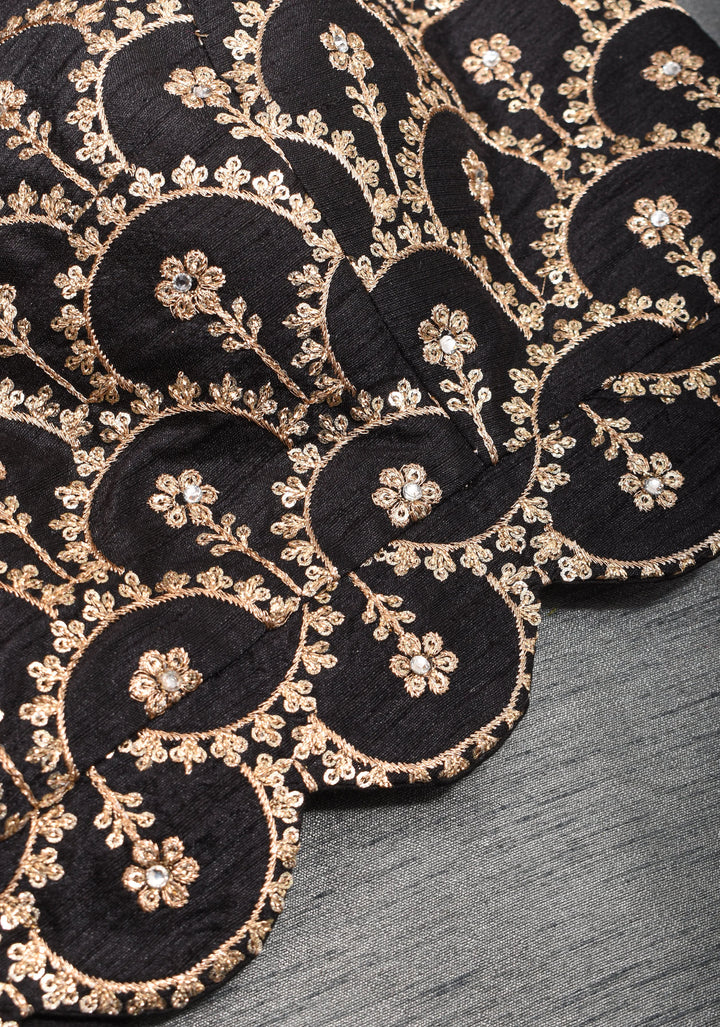 Black embroidered blouse with net gathered yoke and scalloped front base