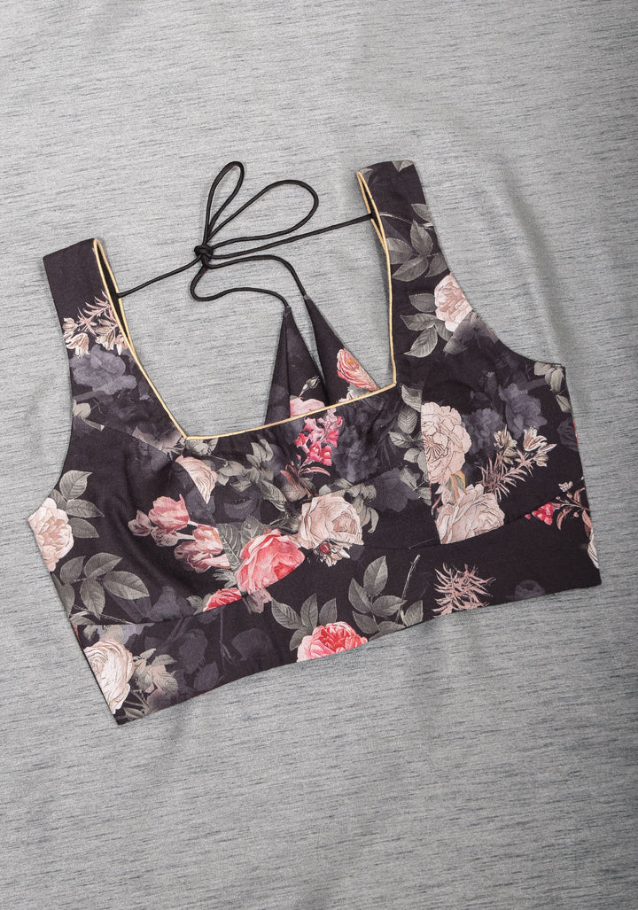Black Digital Print Cotton Blouse with Square Neck Front and sleeveless