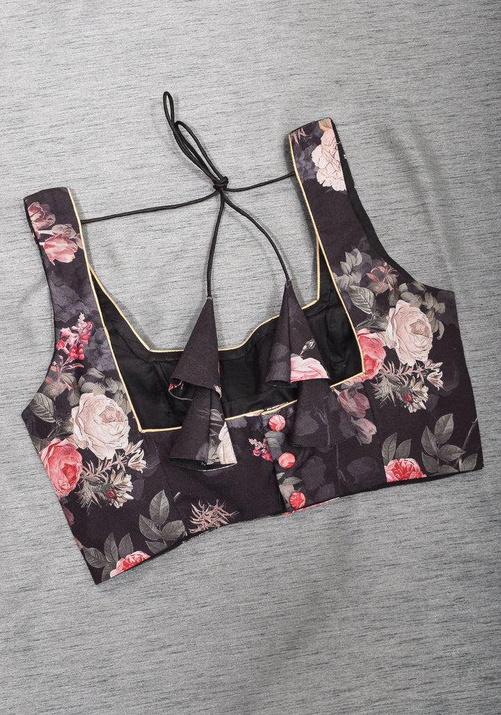 Black Digital Print Cotton Blouse with Square Neck Front and sleeveless