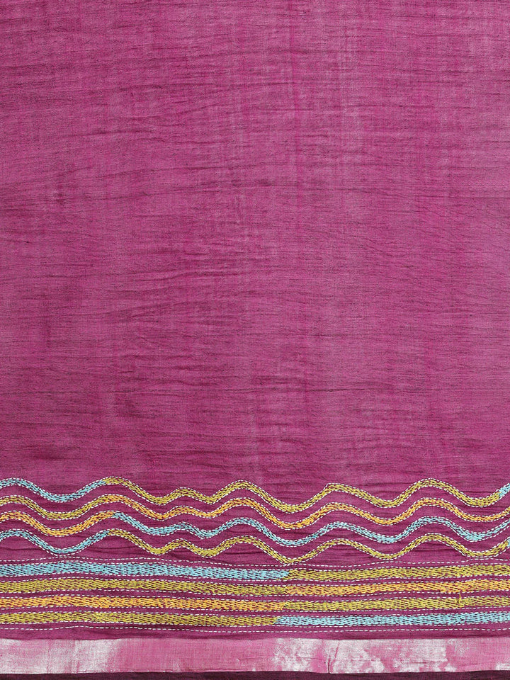 Handloom Black Magenta Colorblock Cotton Kantha Saree