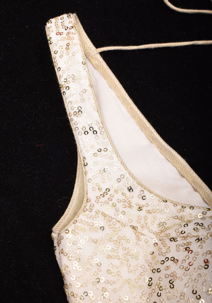 White and Gold Sequin on Net wide leaf neck sleeveless blouse, Made to Order