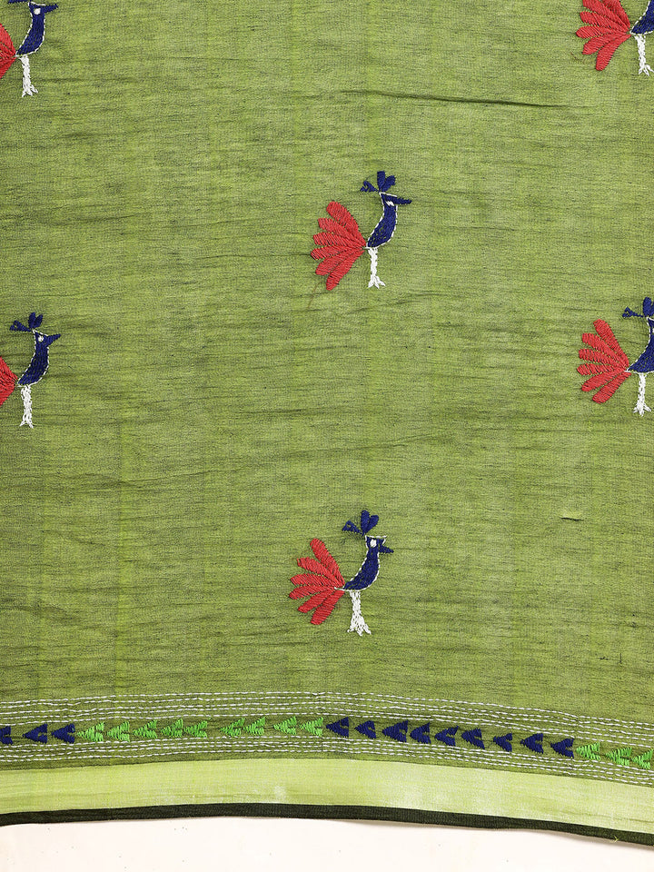 Parrot Green & Blue Colour block Cotton Saree with pompoms