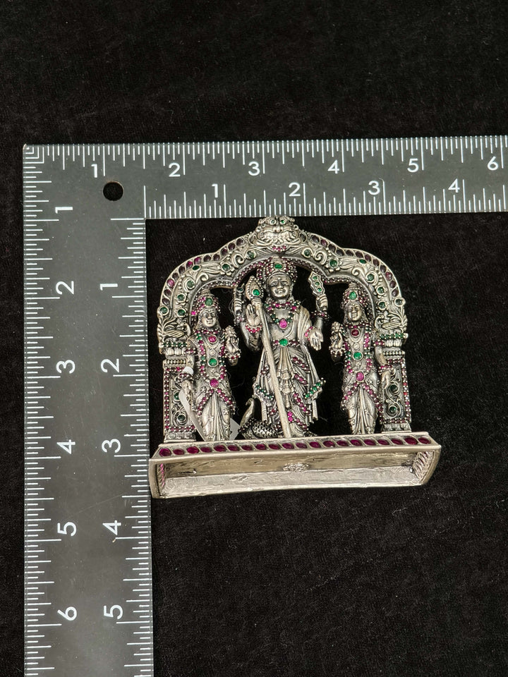 92.5 Silver Lord Murugan Family 2D Idol with Arch and Kemp Stone Detailing, 230 grams