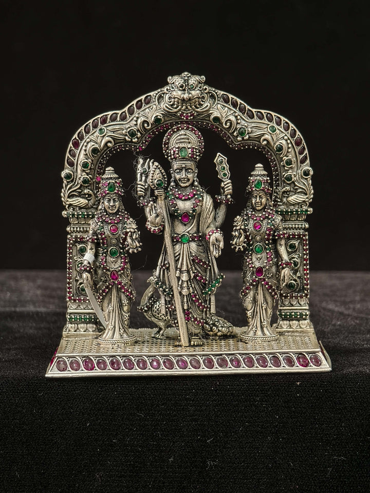 92.5 Silver Lord Murugan Family 2D Idol with Arch and Kemp Stone Detailing, 230 grams