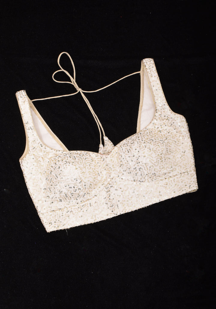 White and Gold Sequin on Net wide leaf neck sleeveless blouse, Made to Order