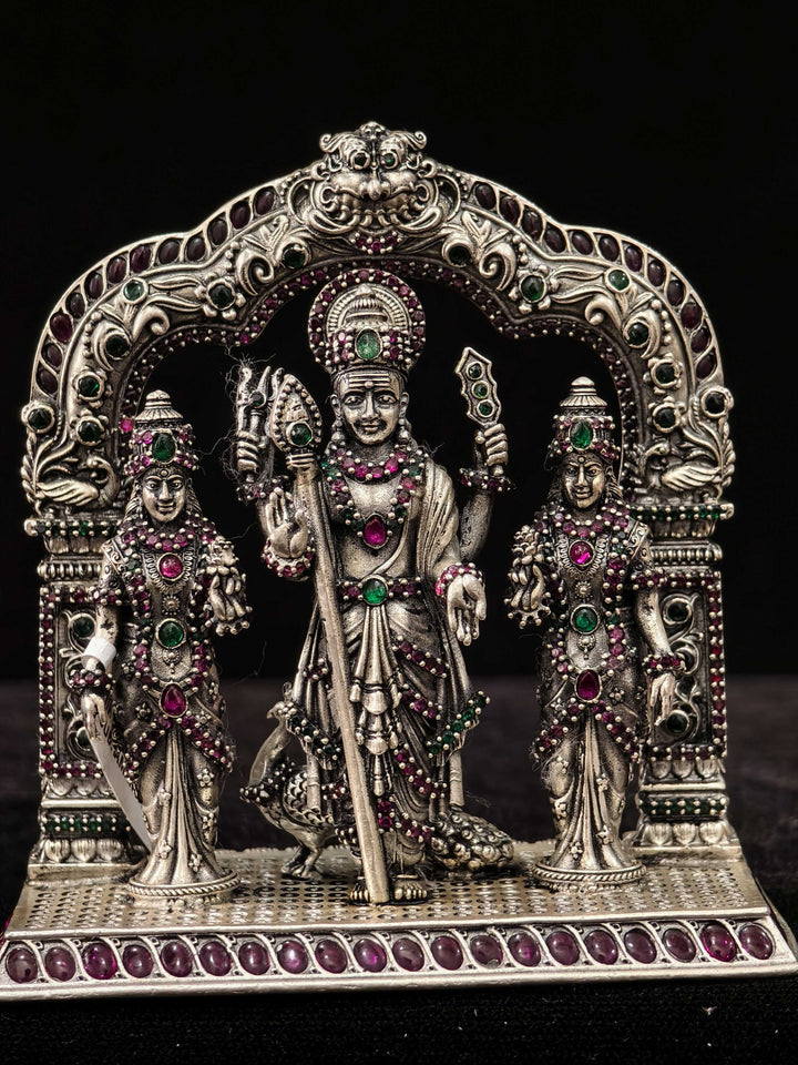 92.5 Silver Lord Murugan Family 2D Idol with Arch and Kemp Stone Detailing, 230 grams