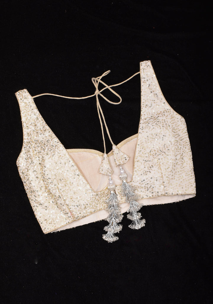 White and Gold Sequin on Net wide leaf neck sleeveless blouse, Made to Order