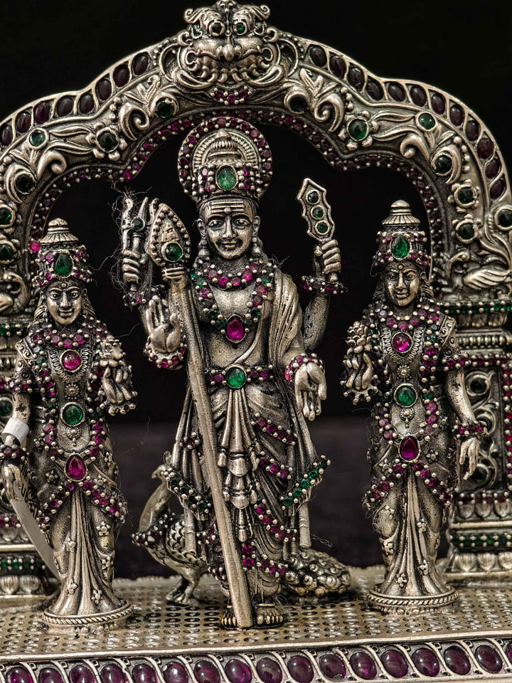 92.5 Silver Lord Murugan Family 2D Idol with Arch and Kemp Stone Detailing, 230 grams