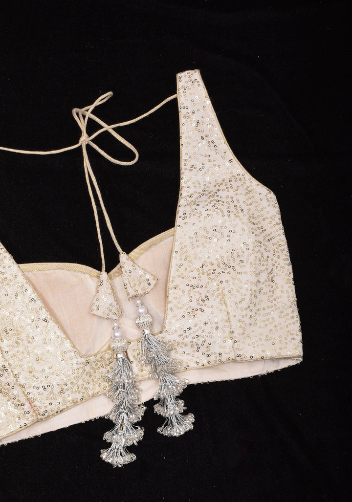 White and Gold Sequin on Net wide leaf neck sleeveless blouse, Made to Order