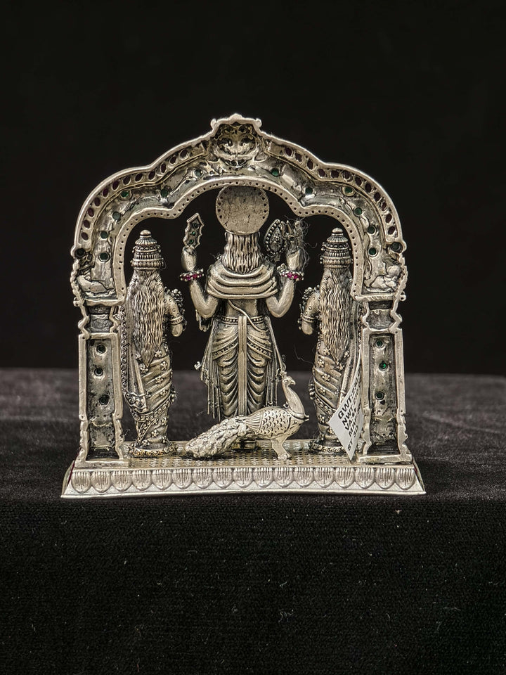 92.5 Silver Lord Murugan Family 2D Idol with Arch and Kemp Stone Detailing, 230 grams
