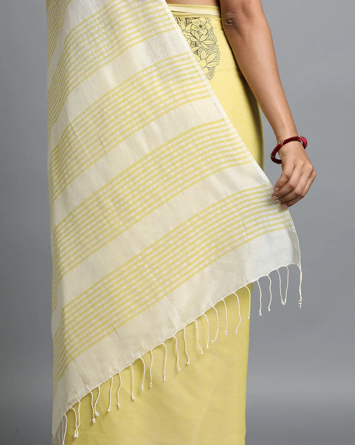 Cream-Yellow Handblock print Cotton saree No Blouse