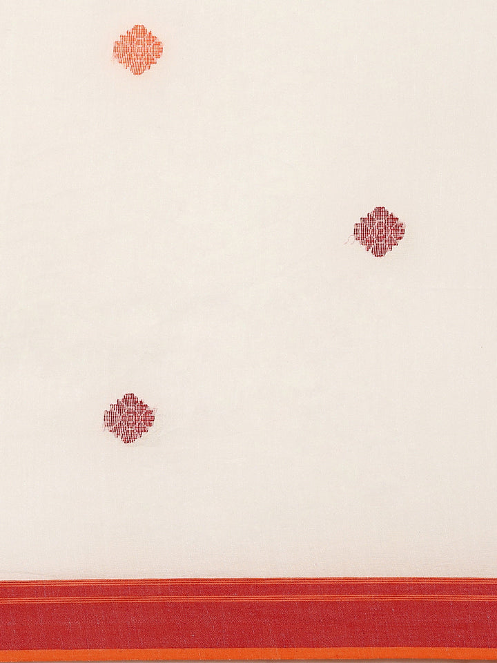 Off White Handwoven Jacquard Weave Pure Cotton saree with Resham Butta and Contrast Minimal Border